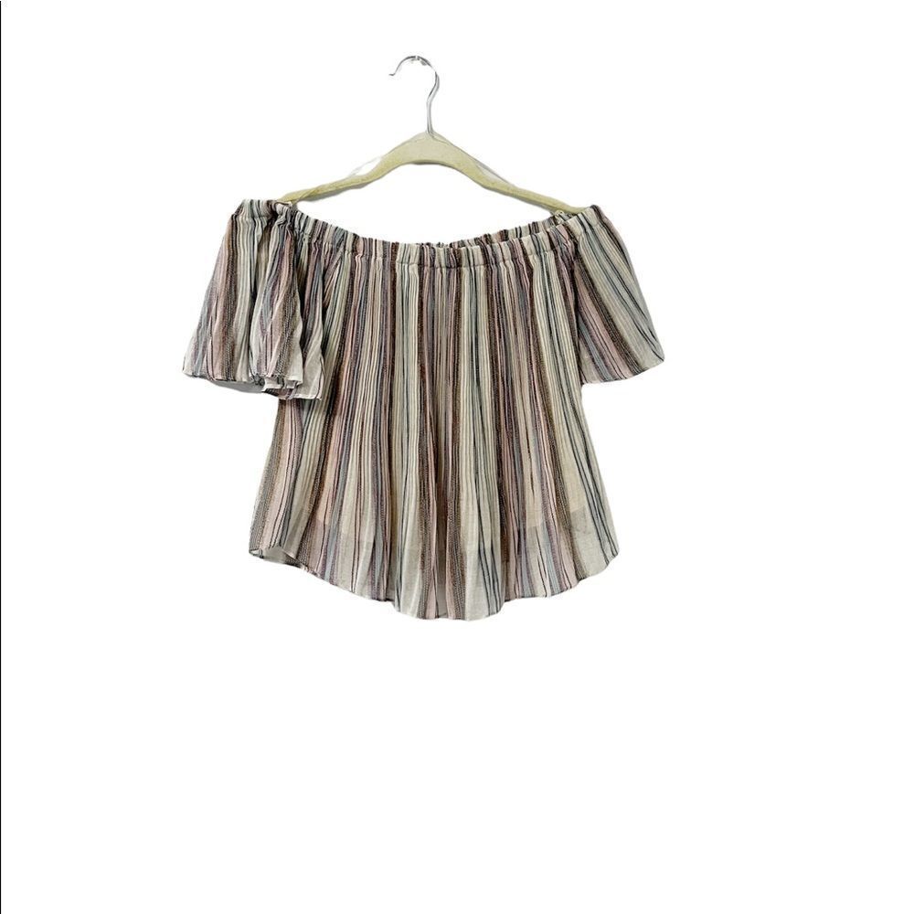 🟢BP. Off Shoulder Striped Multicolor Pleated Short Sleeve Top Size XS